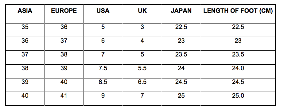 Asian Shoe Sizes 18